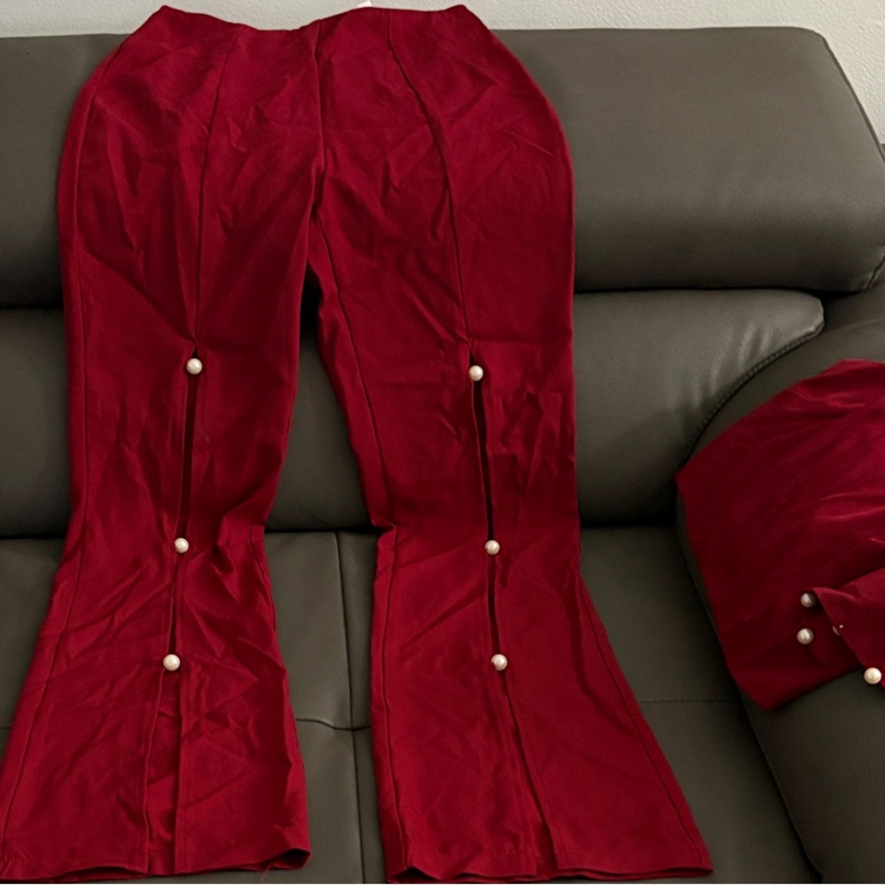 Elegant Red Women's Pants swith Pearl Accents